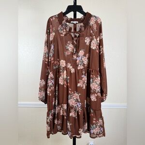 American Eagle Brown Floral Boho Mini Dress Size Large Long Sleeve Smocked Lined